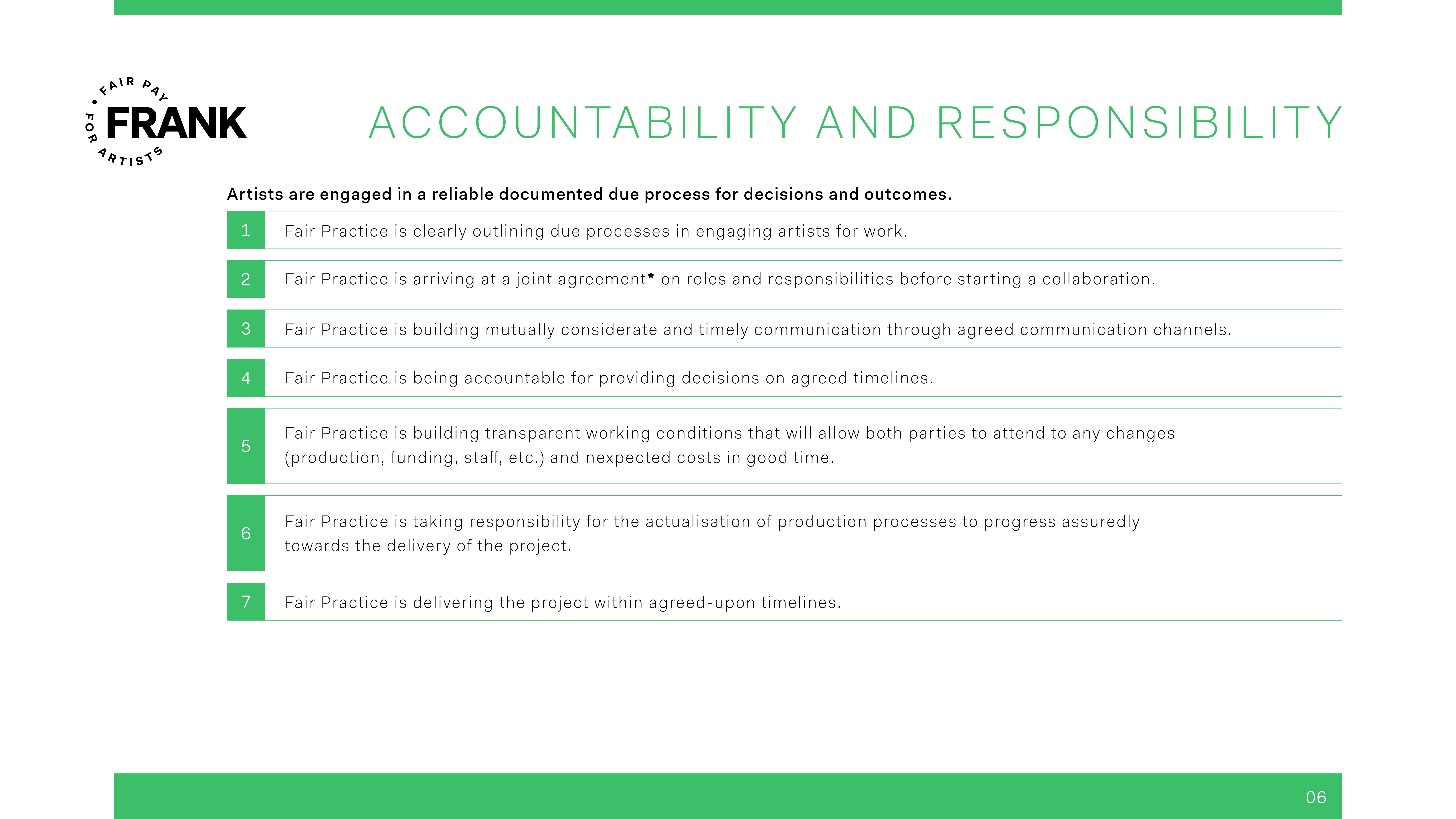 Accountability and Responsibility: Artists are engaged in a reliable documented due process for decisions and outcomes. 1) Fair Practice is clearly outlining due processes in engaging artists for work. 2) Fair Practice is arriving at a joint agreement* on roles and responsibilities before starting a collaboration. 3) Fair Practice is building mutually considerate and timely communication through agreed communication channels. 4) Fair Practice is being accountable for providing decisions on agreed timelines. 5) Fair Practice is building transparent working conditions that will allow both parties to attend to any changes (production, funding, staff, etc.) and nexpected costs in good time. 6) Fair Practice is taking responsibility for the actualisation of production processes to progress assuredly towards the delivery of the project. 7) Fair Practice is delivering the project within agreed-upon timelines.